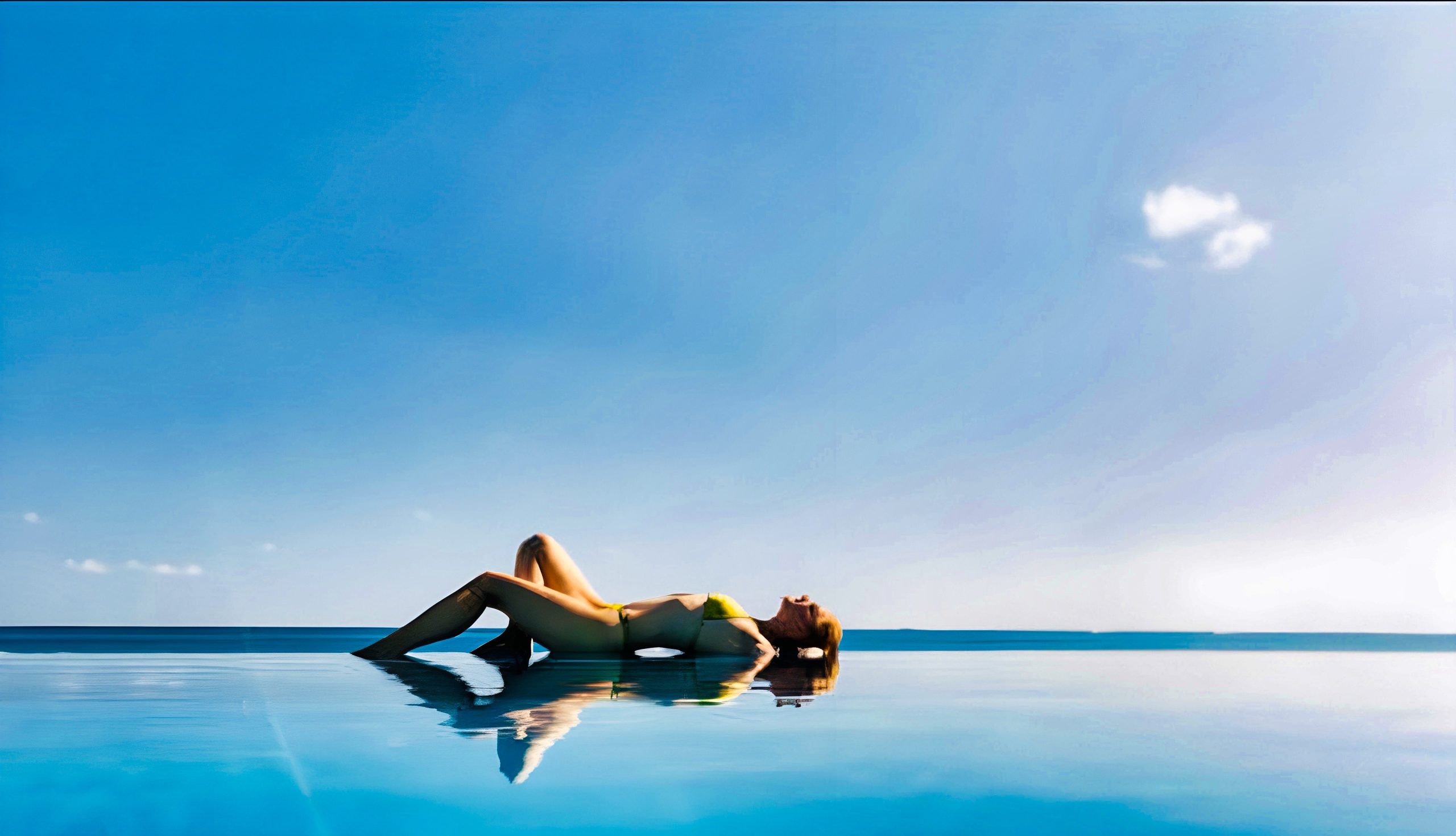 Femme se relaxant au bord d’une piscine à débordement face à la mer