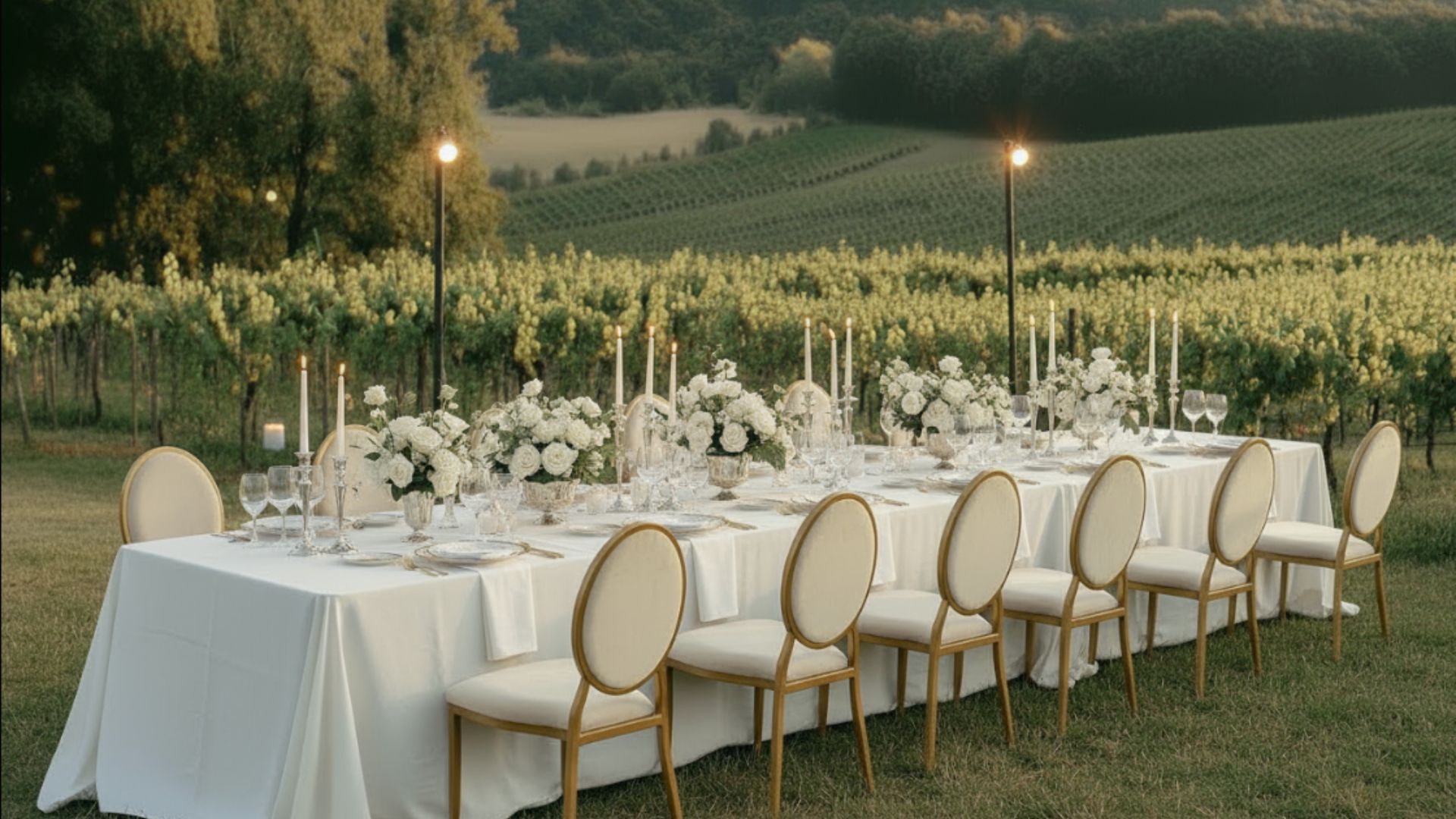 Luxury long table wedding dinner set directly in the vineyards of Saint-Tropez.