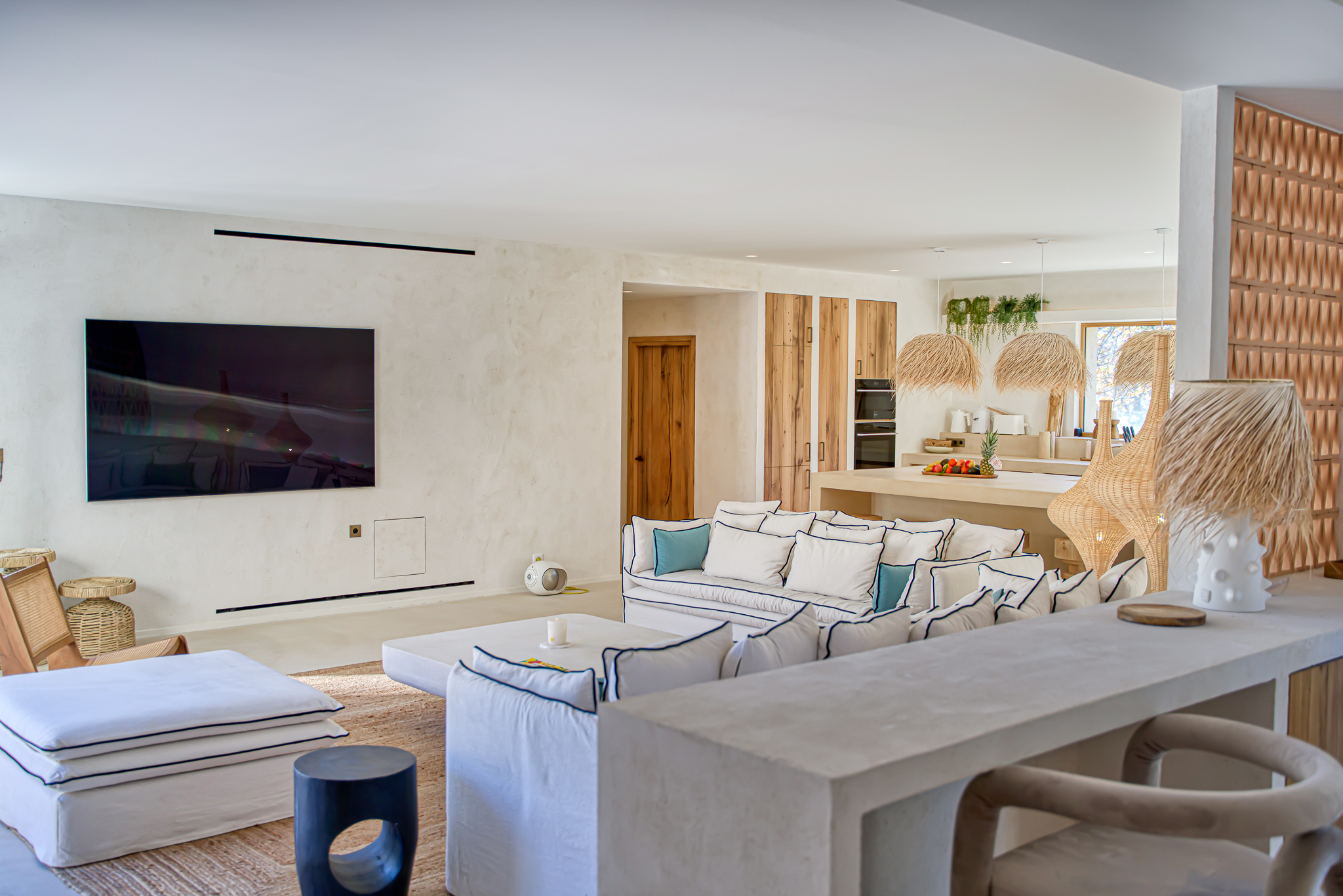 Bright, minimalist living room at Villa Nu