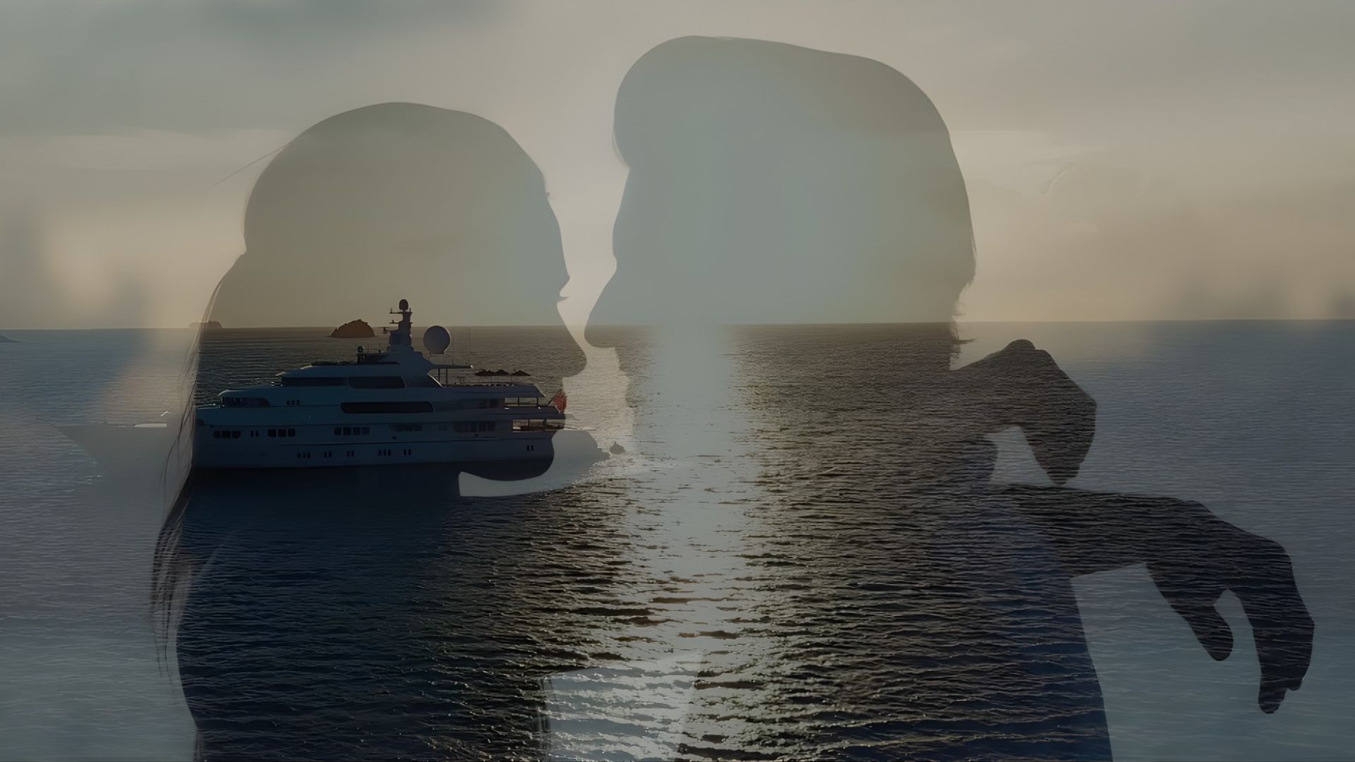 Silhouettes d’un couple se faisant face en double exposition avec un yacht de luxe en mer au coucher du soleil, illustration d’une croisière privée et location de yacht à Saint-Tropez avec Azur Dream.