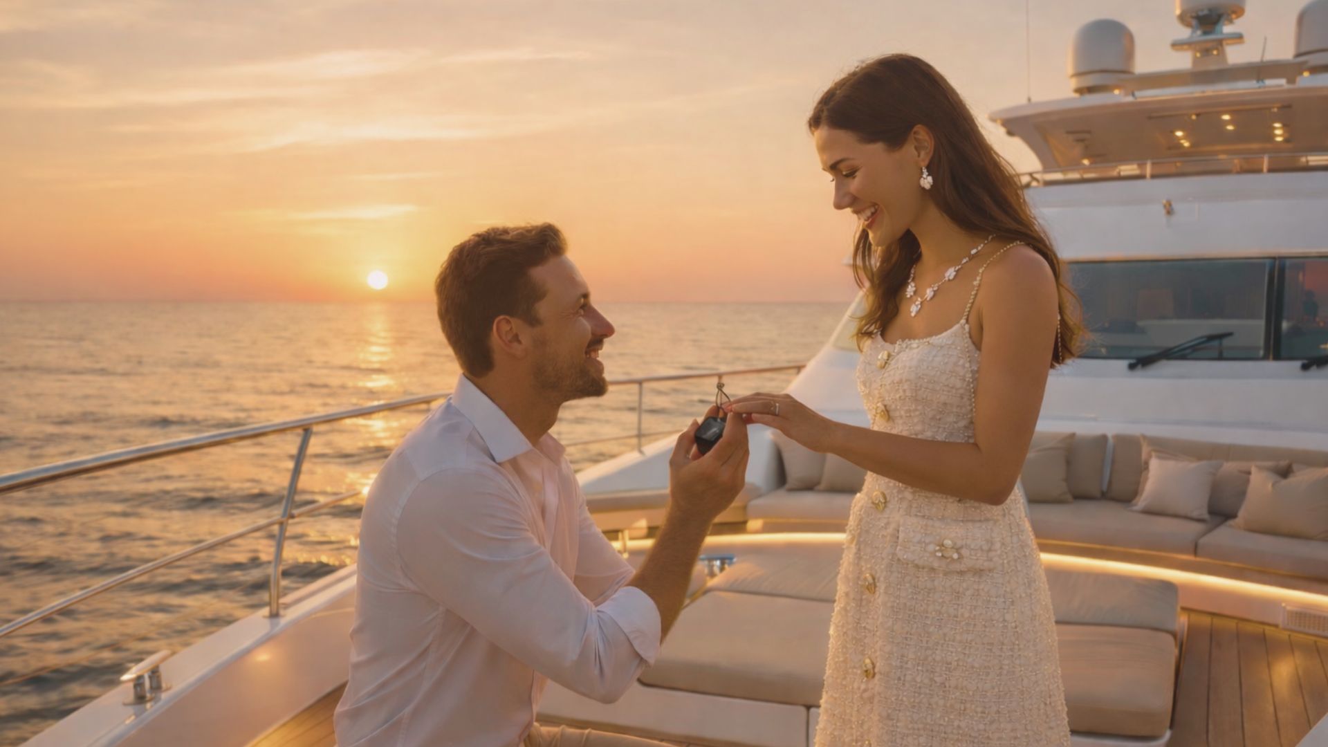Demande en mariage romantique sur un yacht de luxe au coucher du soleil à Saint-Tropez