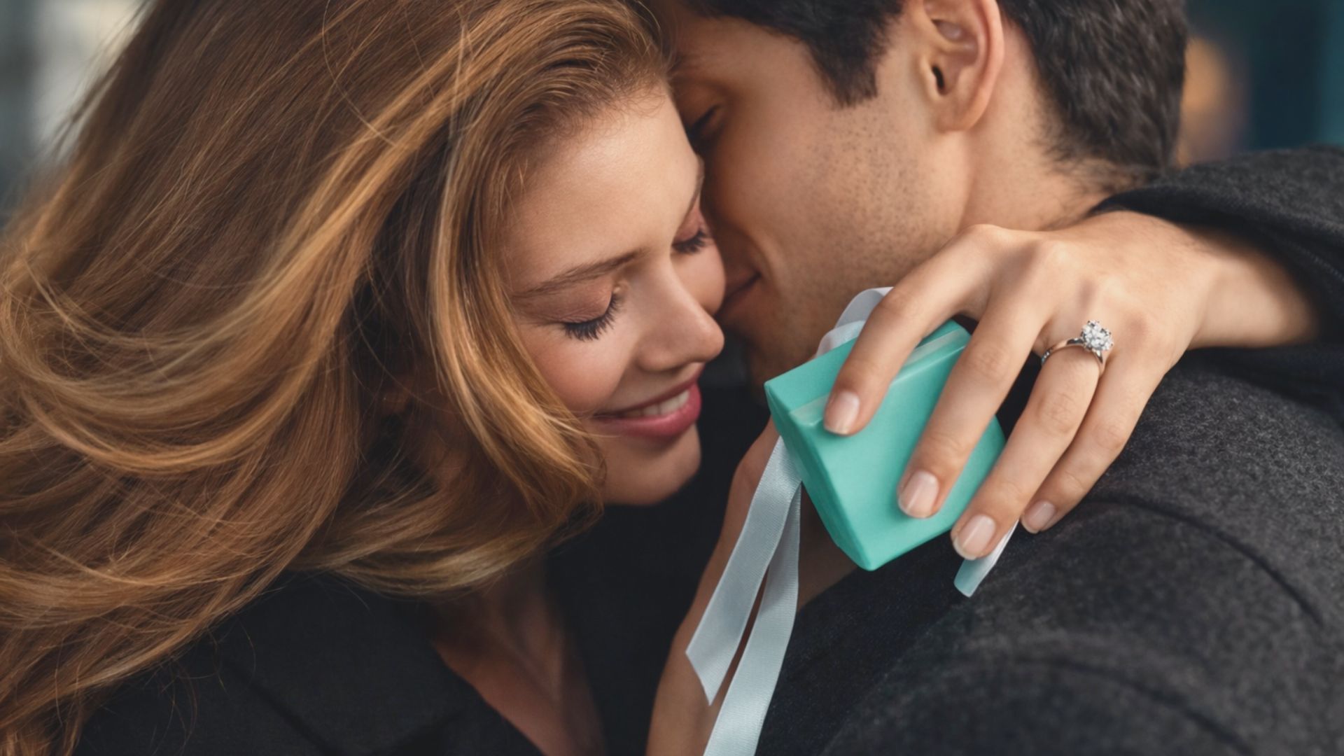 Couple kissing emotionally after a marriage proposal, the engagement ring visible.