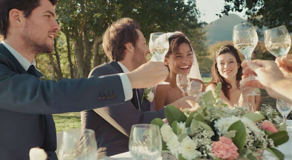 Newlyweds and guests raising a toast at an intimate wedding in Saint-Tropez