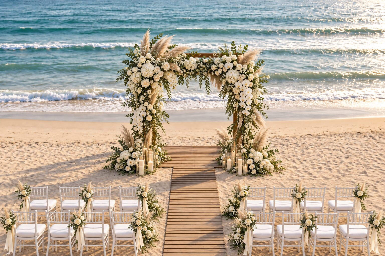 White flower arch and ceremony chairs on the sand facing the Mediterranean, Pampelonne beach