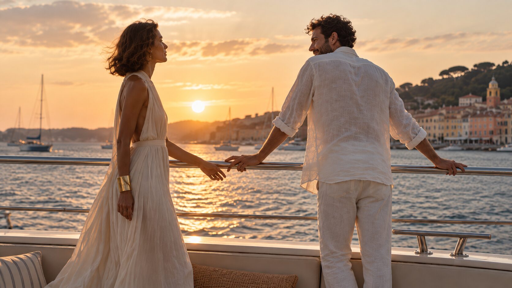 Romantic sunset aboard a private yacht Couple holding hands aboard a private yacht at sunset facing the village, French Riviera