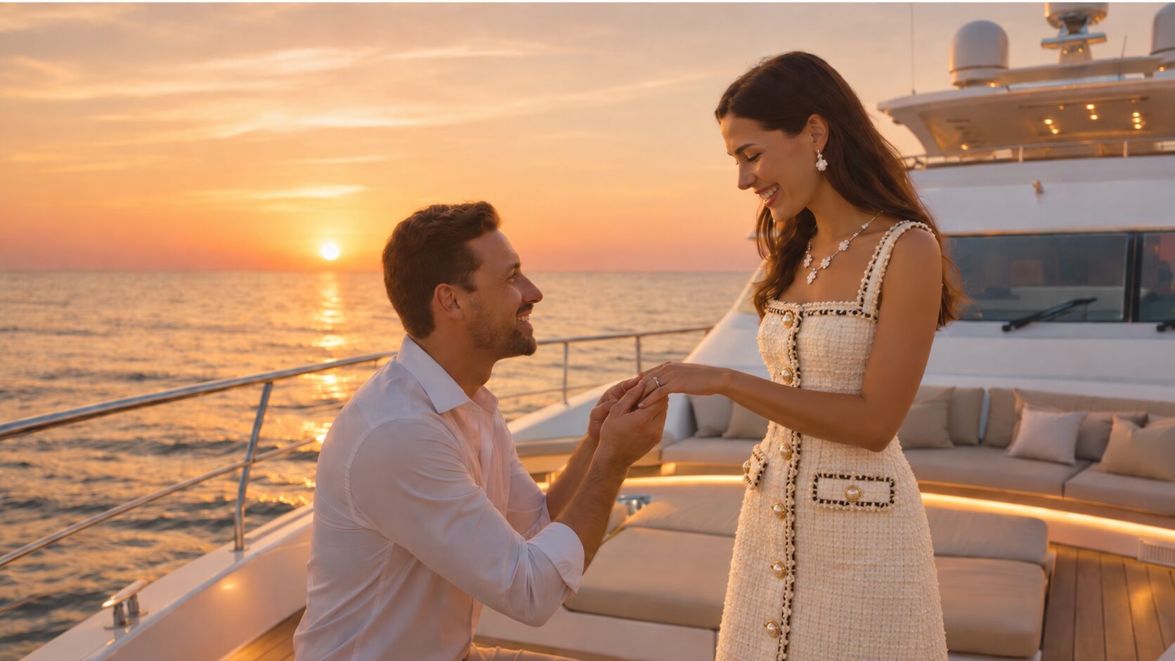 Demande en mariage au coucher du soleil Man on one knee proposing aboard a private yacht at sunset, Saint-Tropez