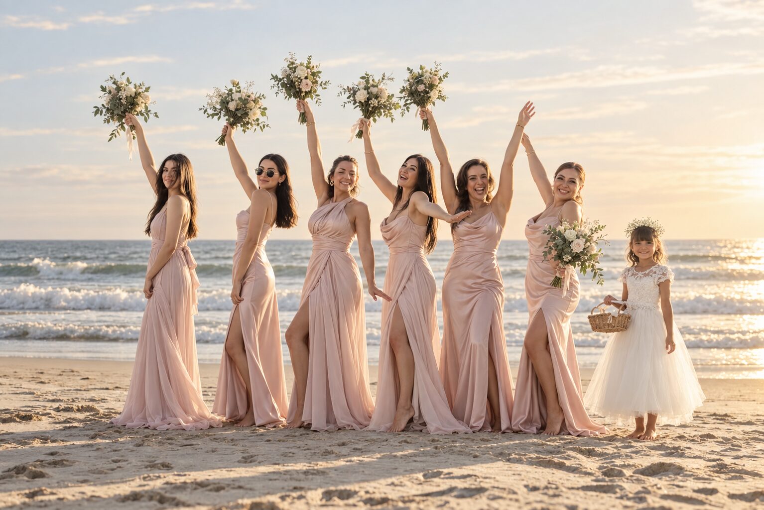 Bridesmaids in powder-pink dresses raising their bouquets on the beach at sunset, wedding at Pampelonne