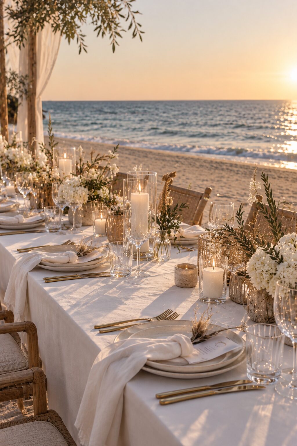 Long boho-chic wedding table set on the beach at sunset, white flowers and candles, Saint-Tropez