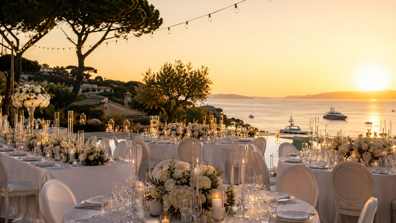 Outdoor wedding dinner at sunset with a sea view in Saint-Tropez, intimate wedding