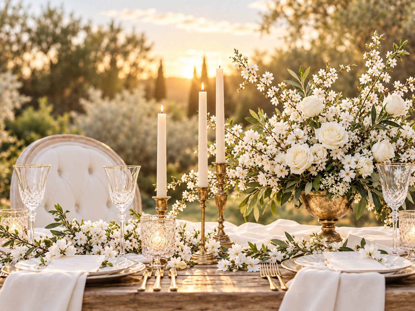 The couple’s table set outdoors at sunset among olive trees, candles, crystal and white roses, wedding dinner near Saint-Tropez