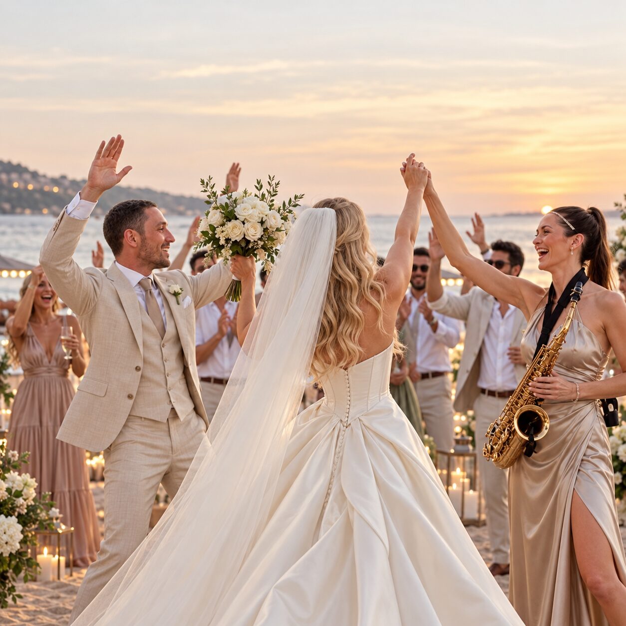 The newlyweds dance on the beach at sunset with a saxophonist, cheered by their guests, wedding in Saint-Tropez