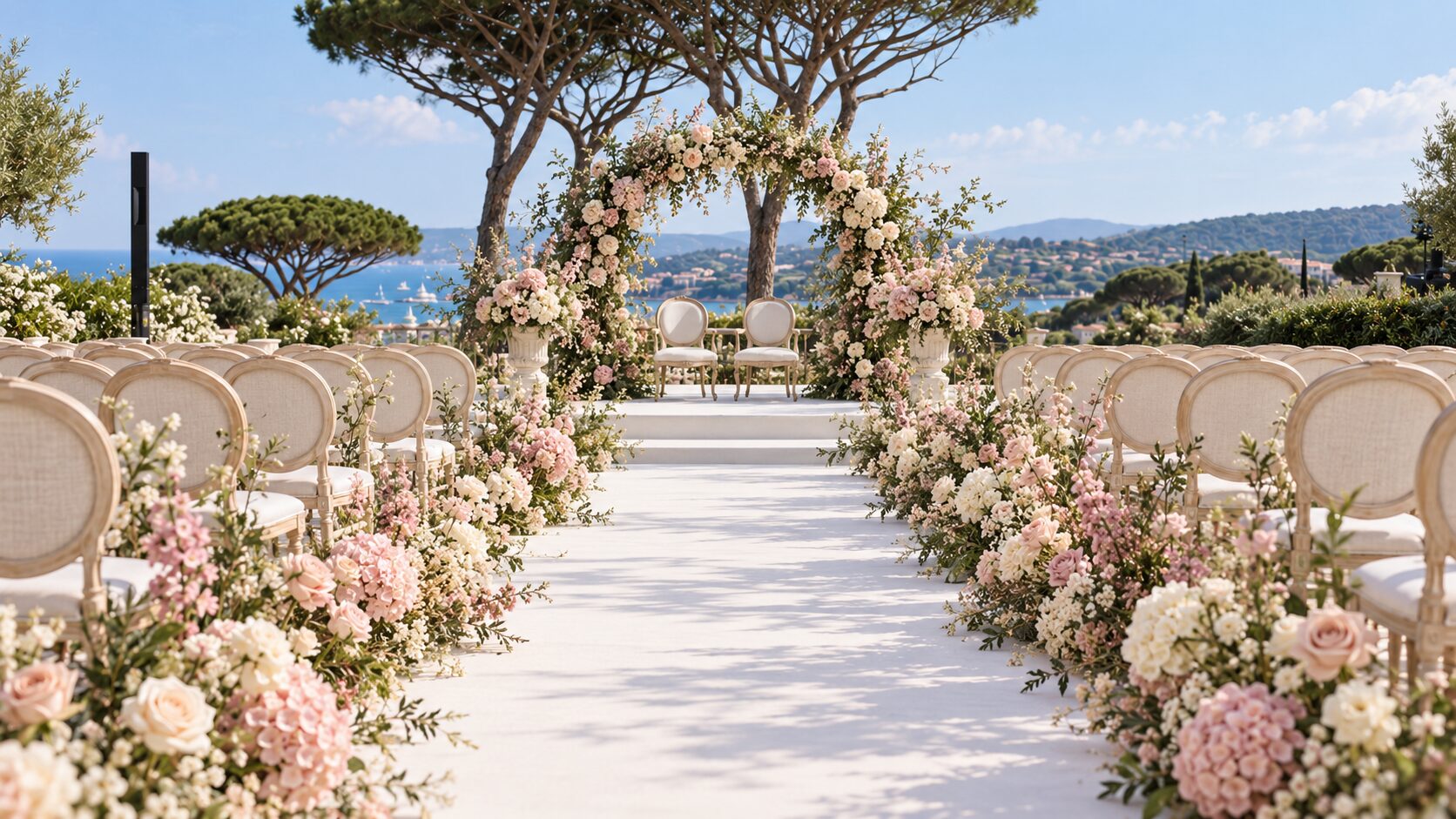 Wedding ceremony at Château de la Messardière in Saint-Tropez, flower-lined aisle overlooking the bay