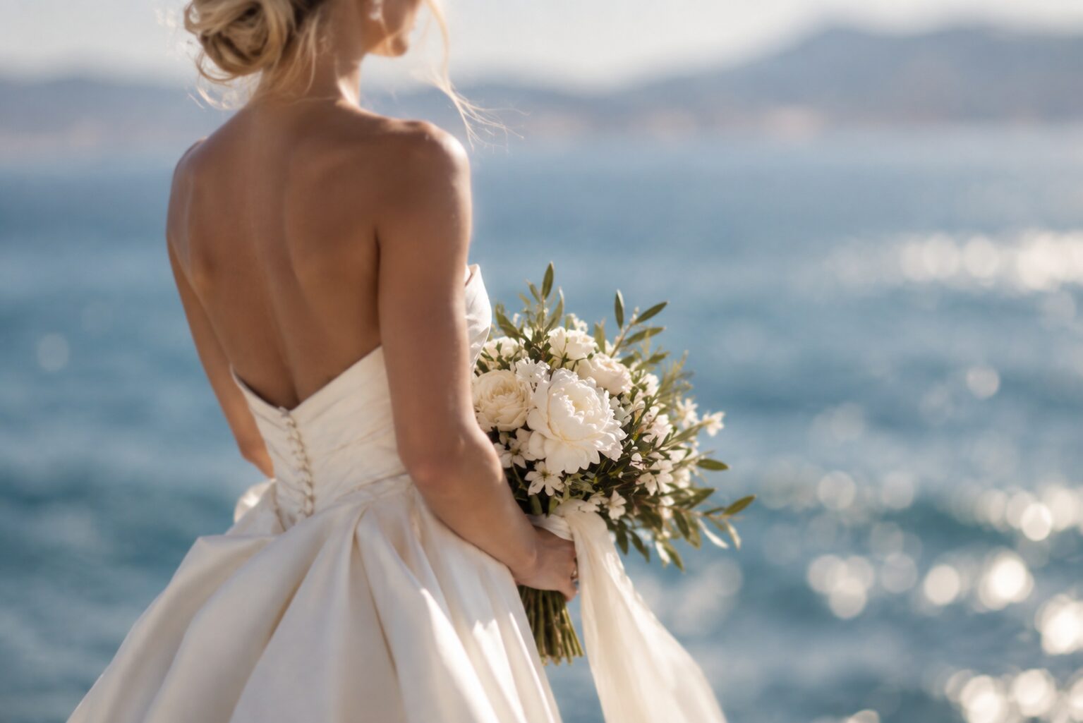 Bride holding her bouquet of white peonies facing the sea, wedding in Saint-Tropez