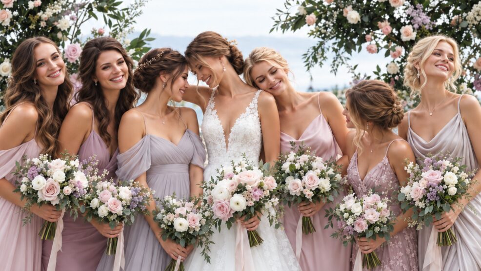 Bride surrounded by her bridesmaids, intimate wedding in Saint-Tropez