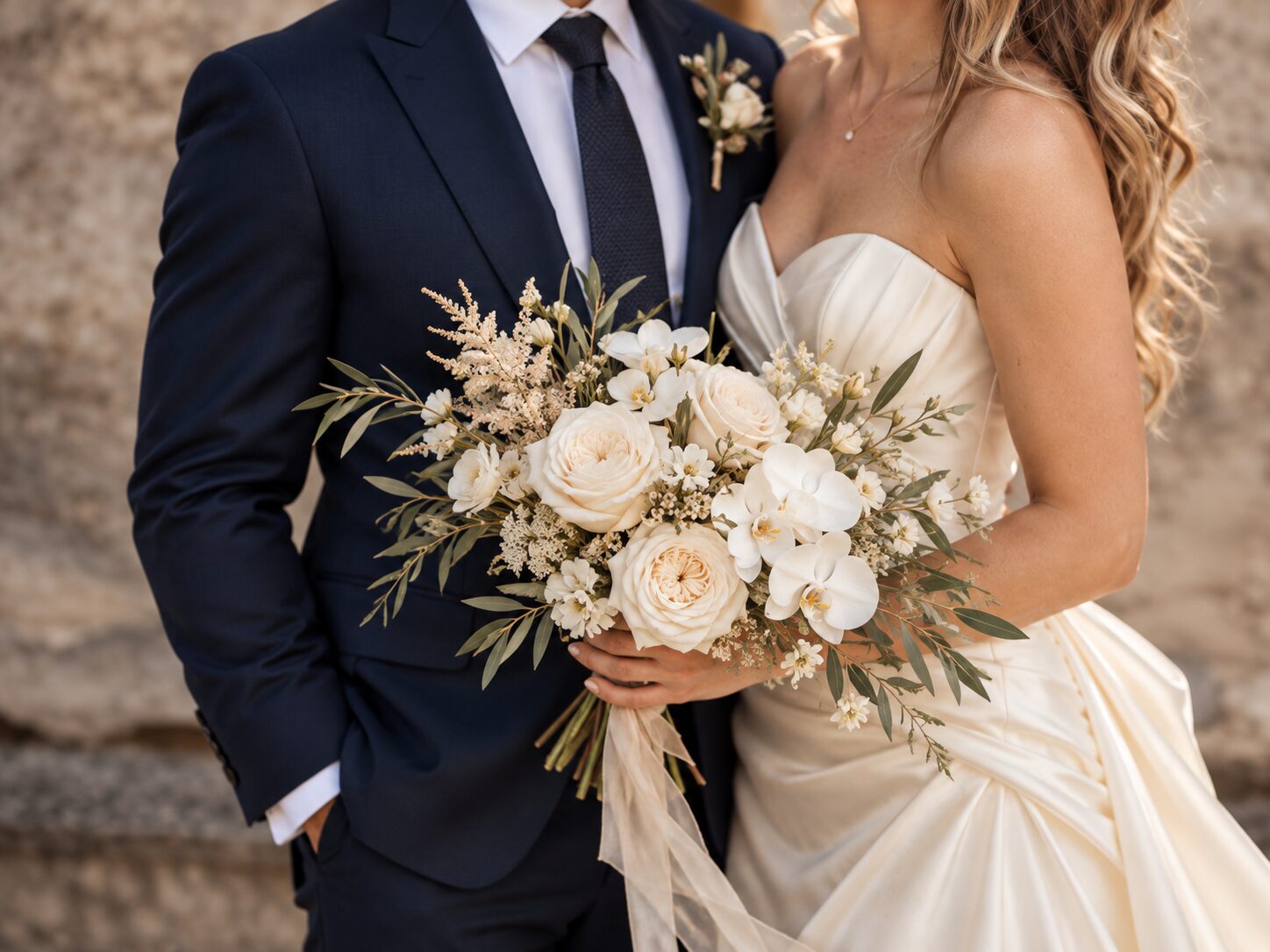 The newlyweds side by side against a stone wall, bouquet of white roses, orchids and olive leaves, wedding in Saint-Tropez
