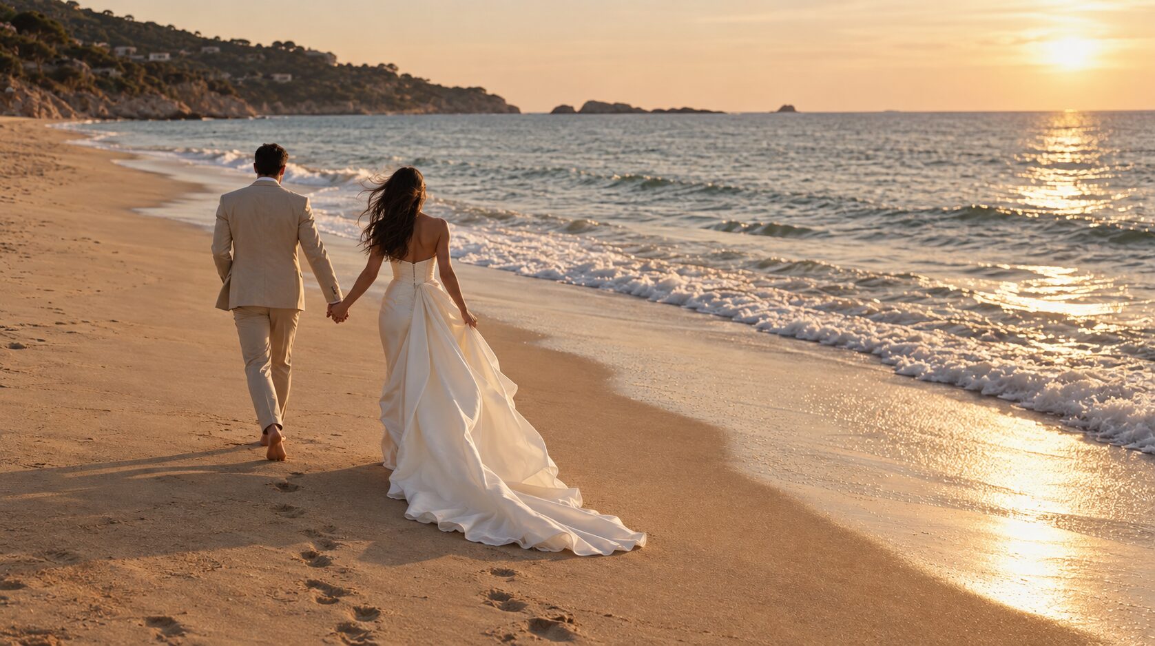 Les mariés marchent main dans la main sur la plage au coucher du soleil, presqu’île de Saint-Tropez