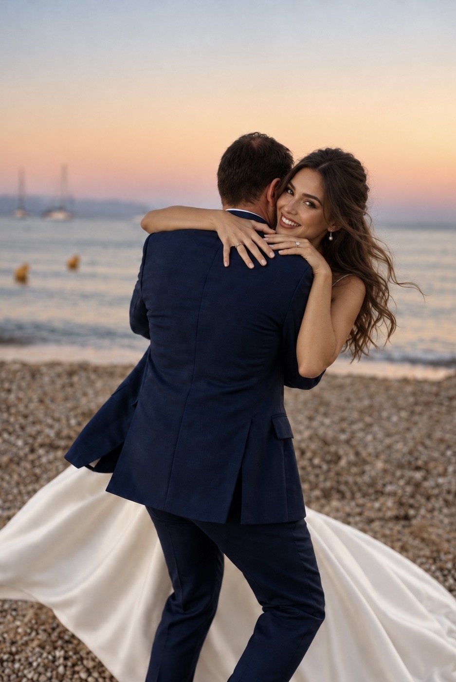 The groom twirls the bride on the beach at sunset, sailboats in the distance, wedding in Saint-Tropez