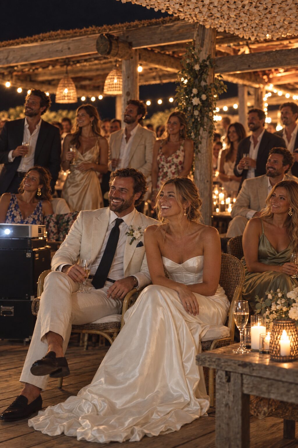 The newlyweds surrounded by their guests at a wedding party under the string lights of a beach club, Pampelonne beach