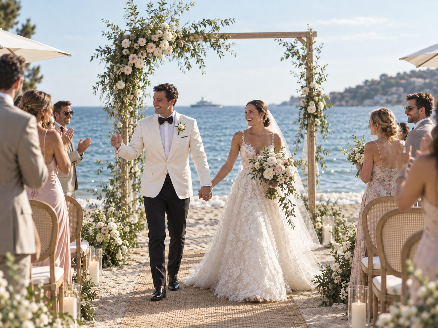 The newlyweds leave the ceremony under the flower arch by the sea, luxury wedding on the French Riviera
