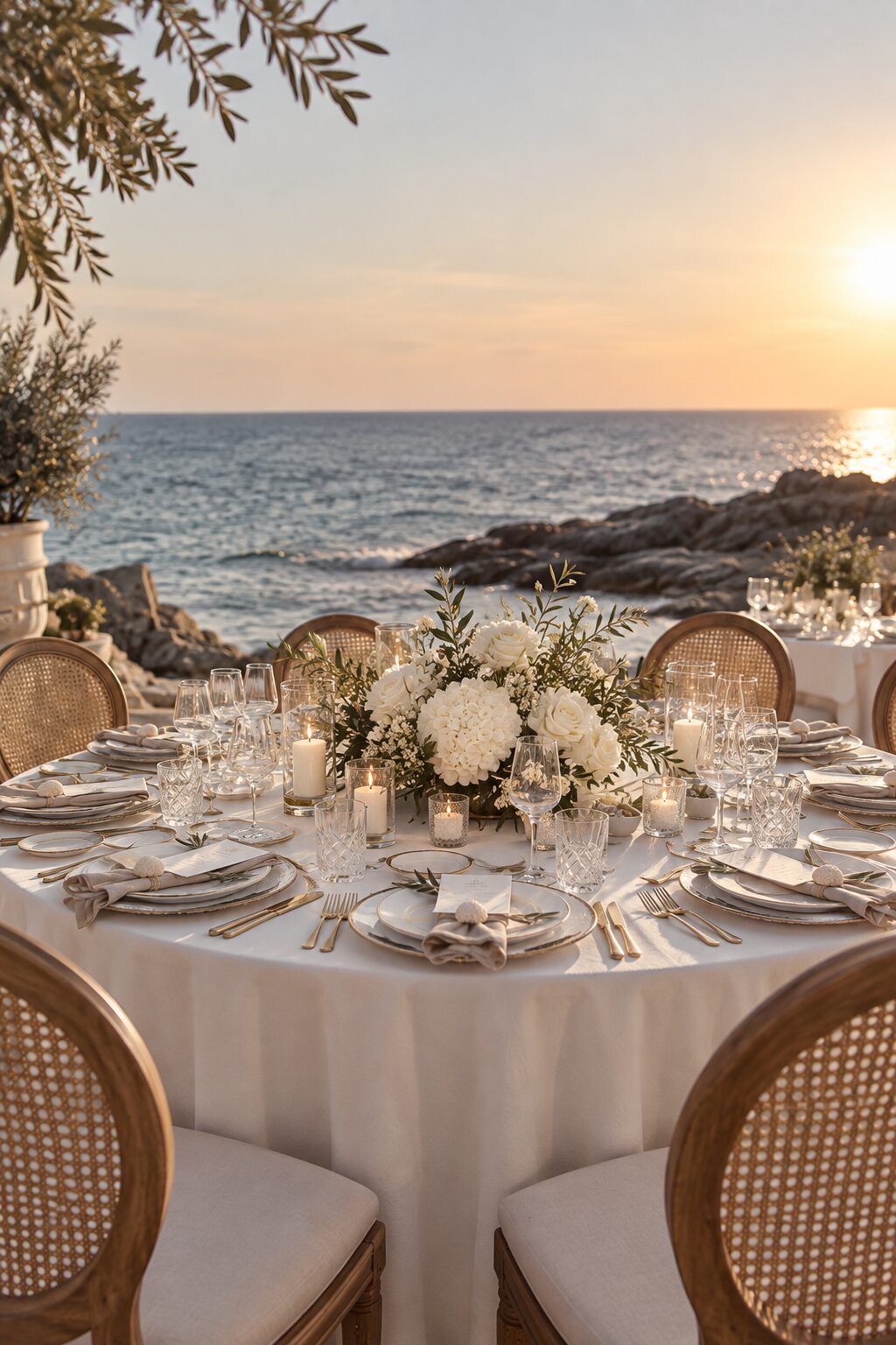 Round wedding table facing the sea at sunset, cane chairs and floral centrepiece, Saint-Tropez