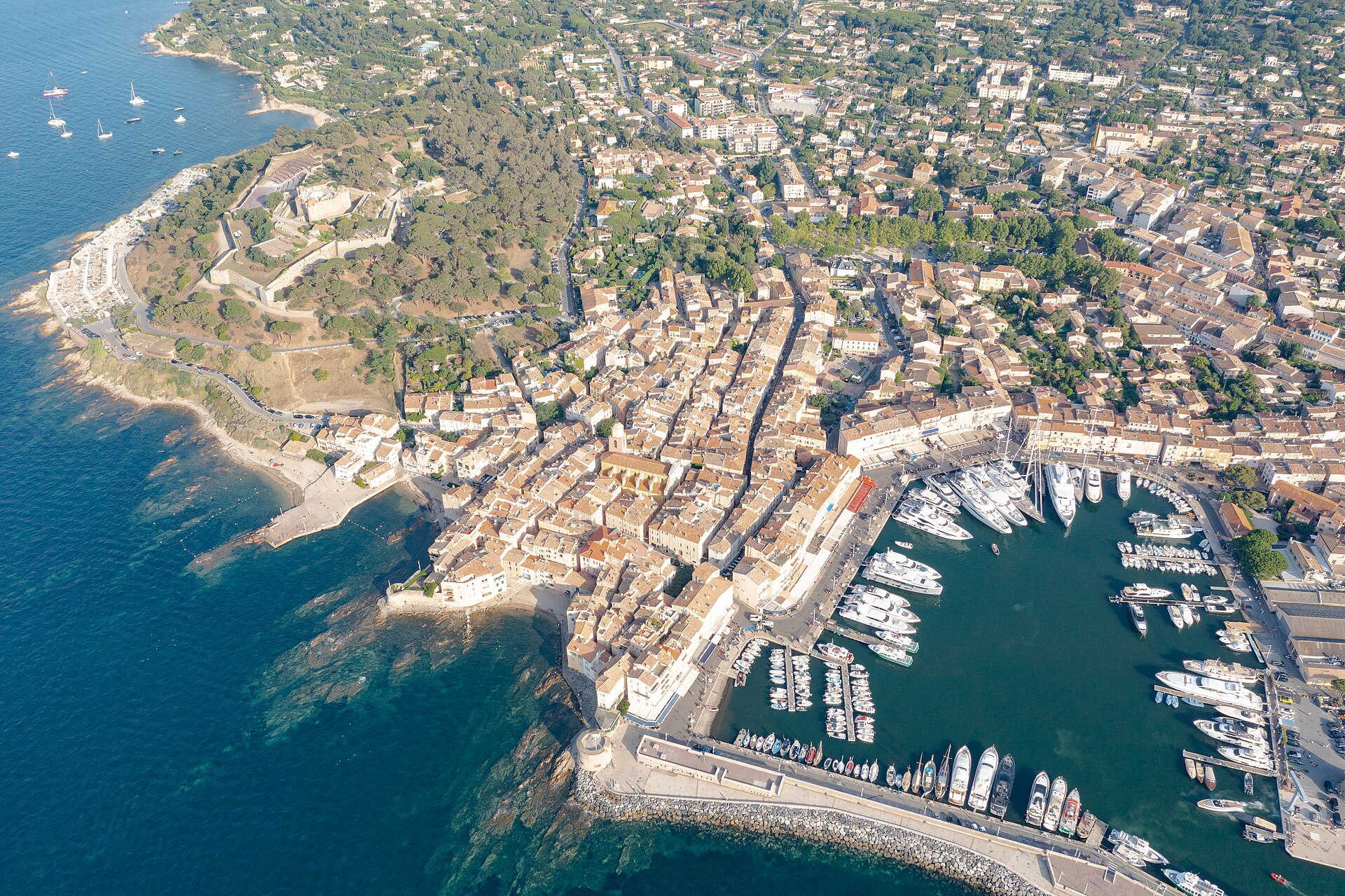 The old port and the village of Saint-Tropez seen from the sky