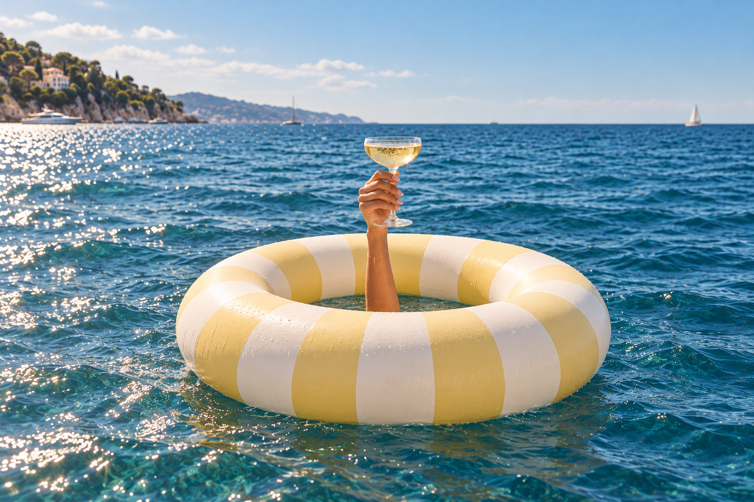 Illustration d’une bouée pastel avec une coupe de champagne flottant en Méditerranée à Saint-Tropez