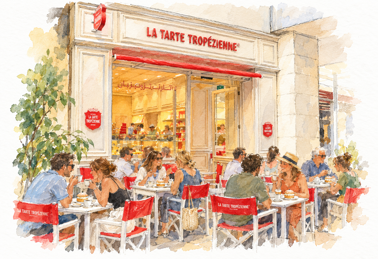 Illustration aquarelle de la terrasse animée de La Tarte Tropézienne à Saint-Tropez