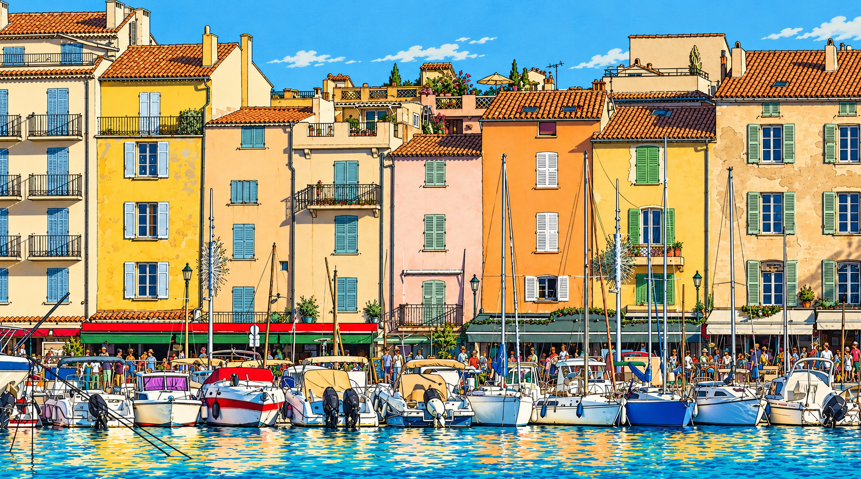 Illustration façon bande dessinée du village de Saint-Tropez